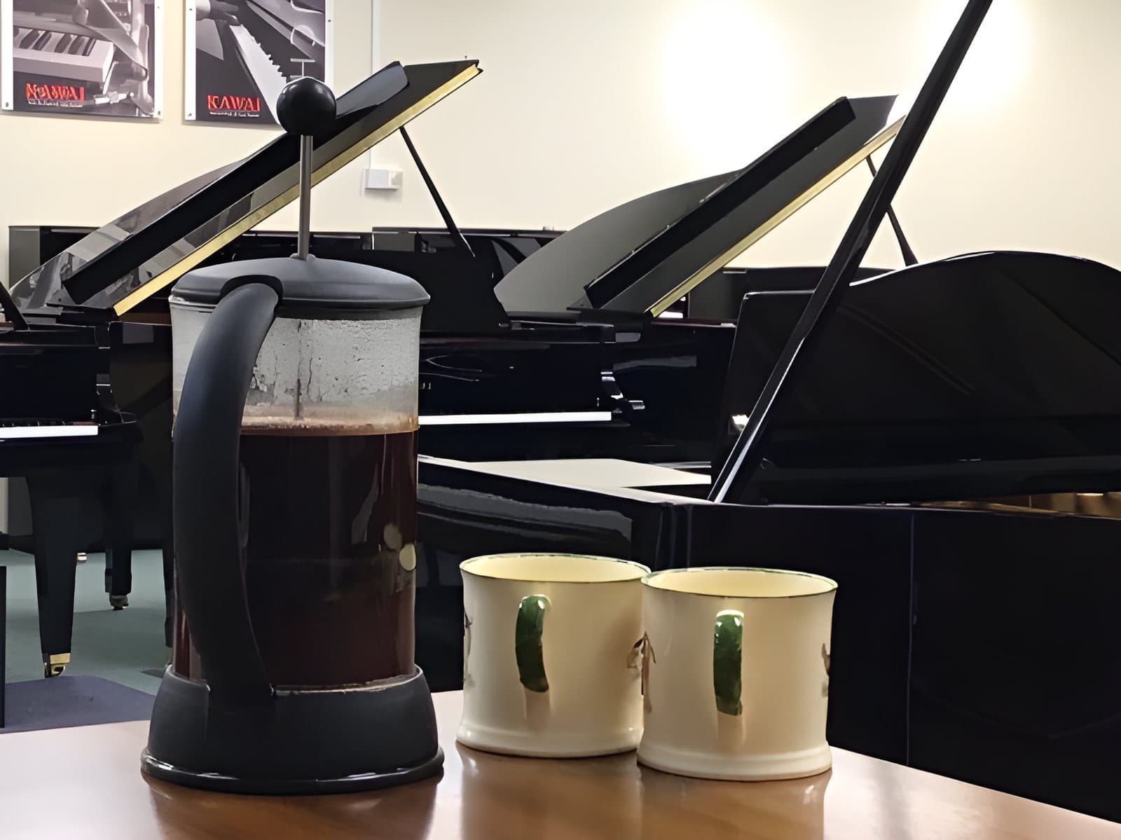 Coffee on, pianos ready