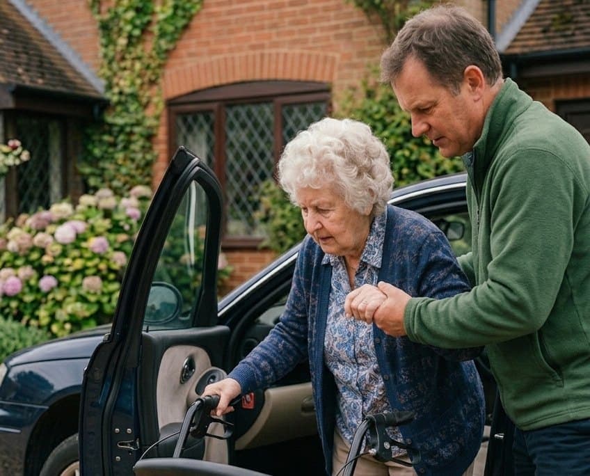 A volunteer helping a passenger out of the car at her door
