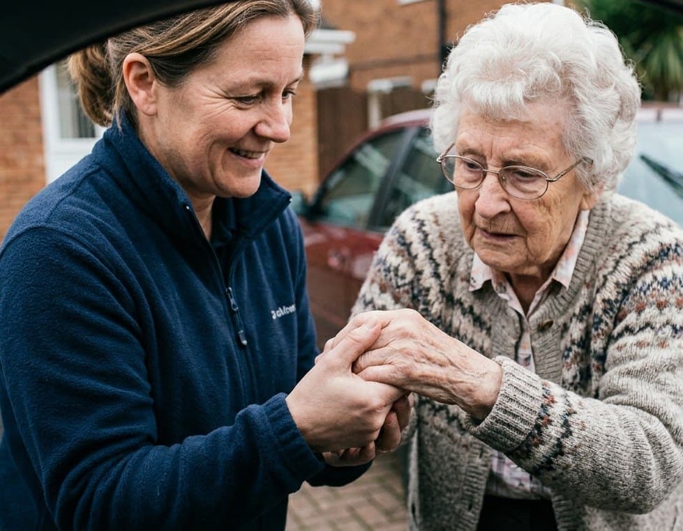 A volunteer taking a passenger's hands to steady her