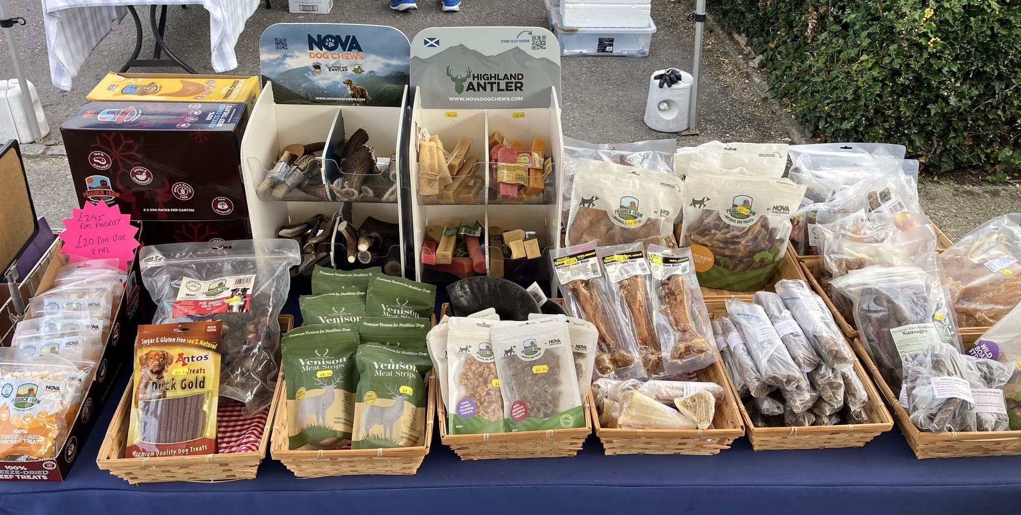 Mortimer Pet Foods' stall, with venison strips, antler chews, natural chews and freeze-dried treats in baskets