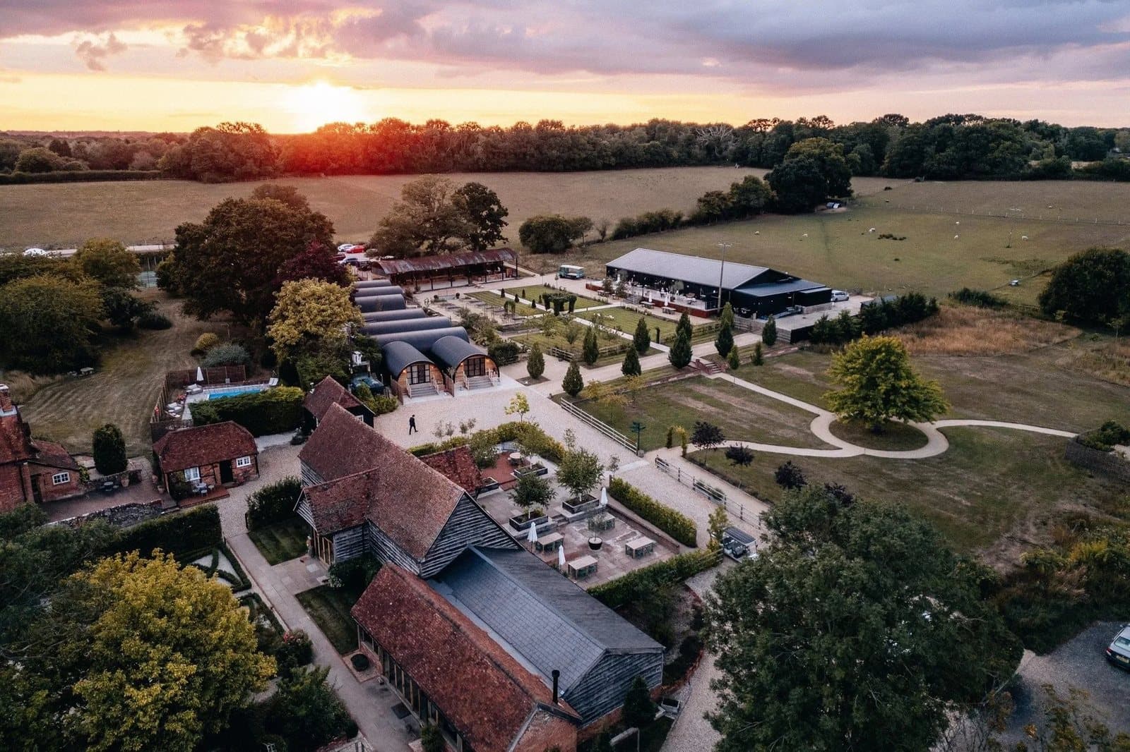 The farm from the air at sunset