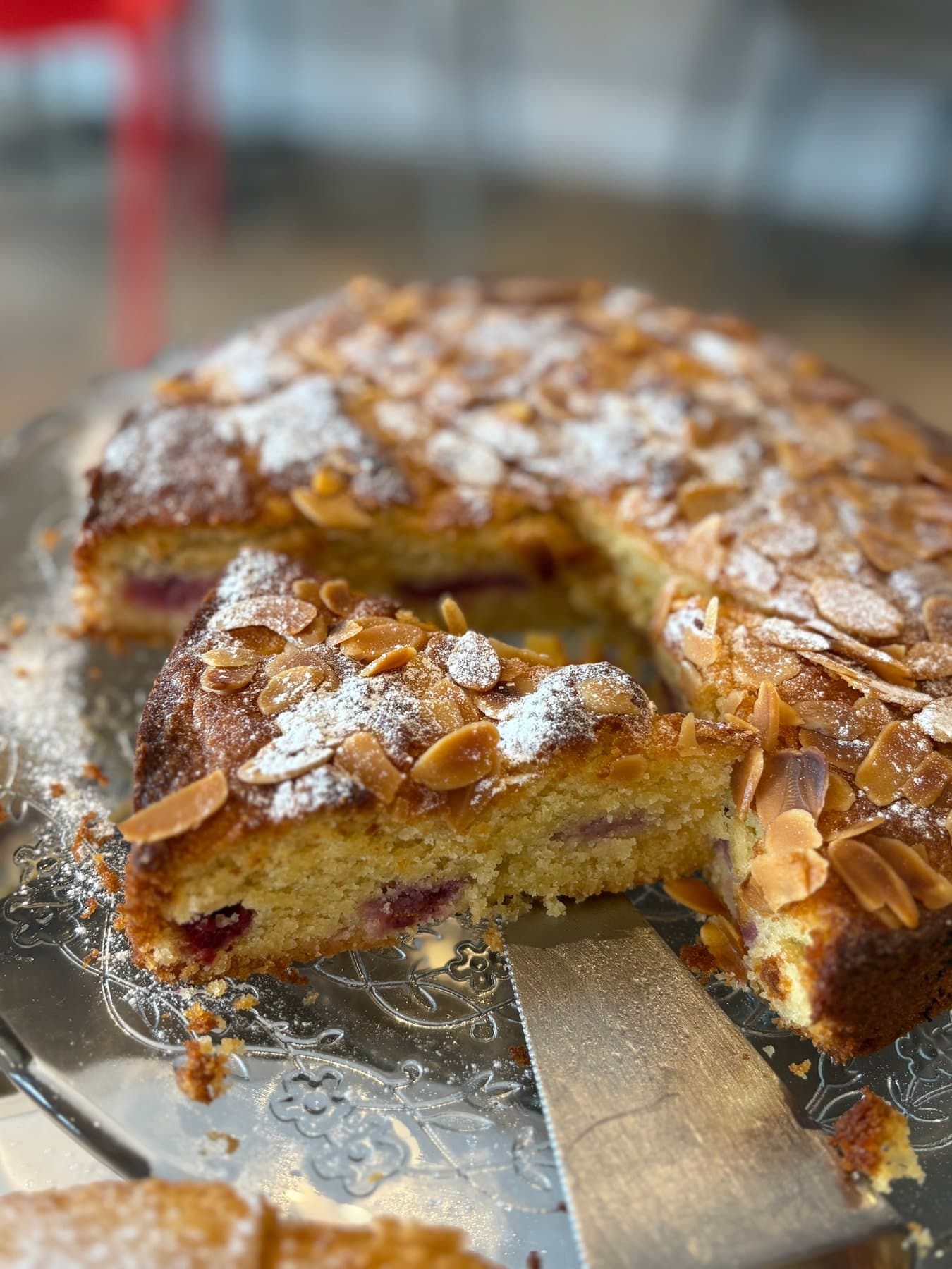 Cherry and almond cake, one slice gone